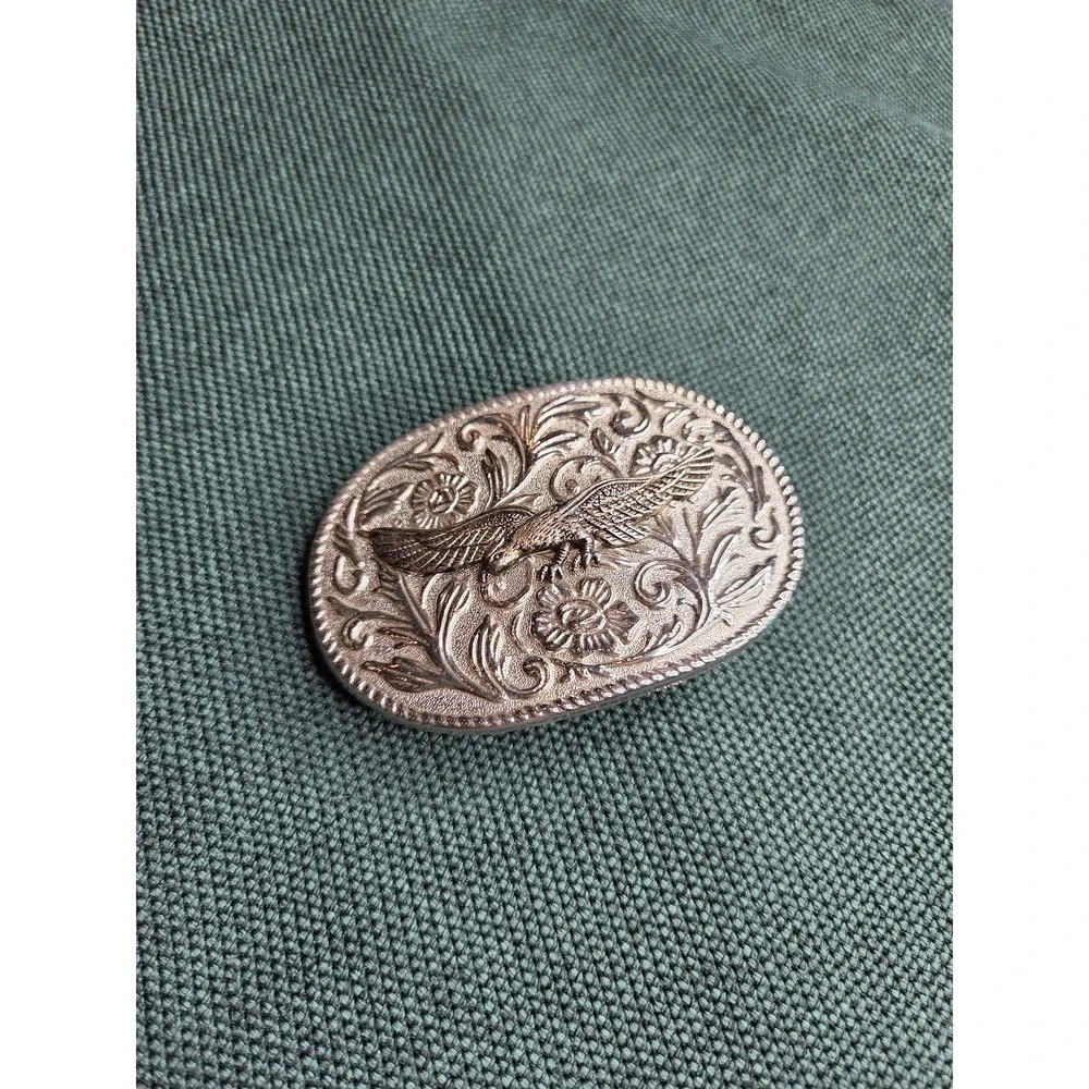 Vintage Silver-Tone Oval Belt Buckle Flying Eagle Filigree Rope Edge Western